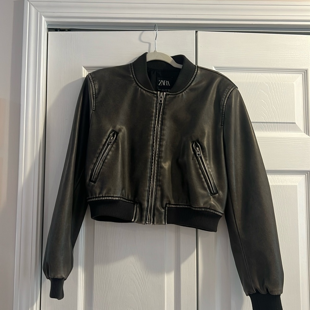 Zara Cropped Bomber Faux Leather Distressed Jacket